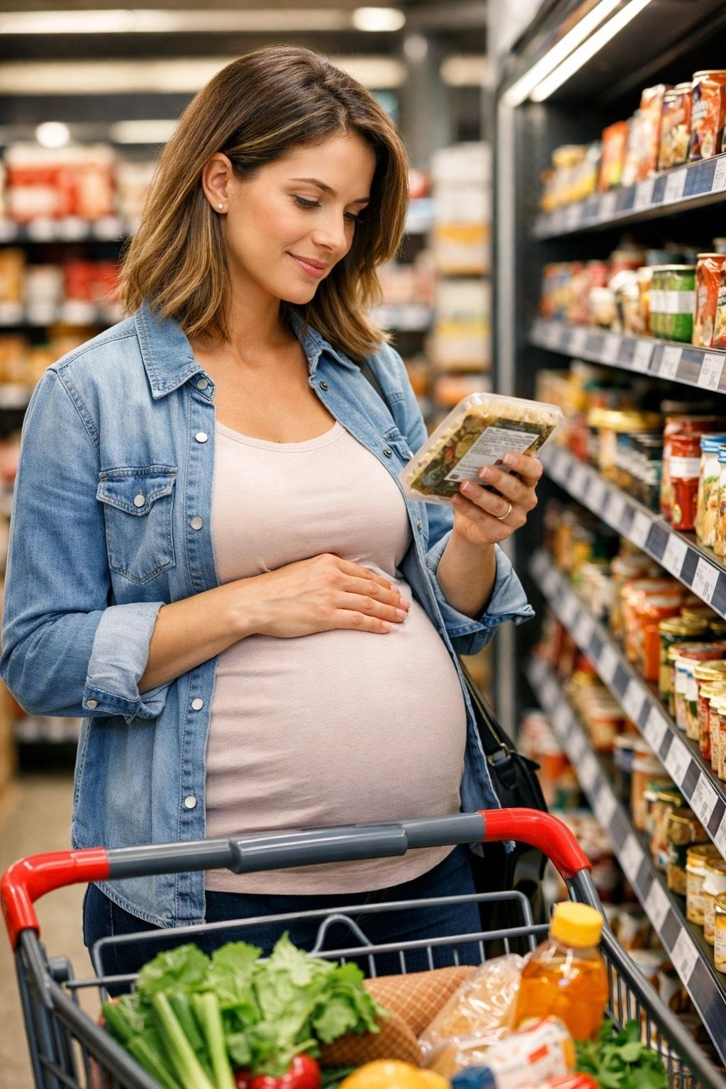 Pregnant woman reading food labels in a supermarket